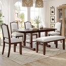 6-Piece Extendable Dining Table Set, 60–78 in. Wood Table with Removable Leaf, 4 Upholstered Chairs and Bench, Cherry Finish