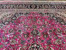 Persian Rug 10x13, Wool Hand Knotted Antique Kashmar Carpet, Raspberry Red & Navy Blue, Floral Medallion, Traditional Oriental Rug 10 x 13