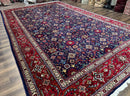 Large Persian Tabriz Rug 10x16, Navy Blue and Red, Allover Pattern, Vintage Hand Knotted Wool Carpet