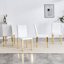 A Set of 4 White PU Leather Backrest Chairs with Gold Metal Legs - A Perfect Match, Suitable for Minimalist and Contemporary Home Décor Styles, With Product Dimensions of 16.2*18.5*34.6 inches