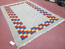 New Turkish Kilim Area Rug, Gray Carpet With Colorful Checker Border, 5'6" x 8", Flatweave Carpet, Playroom Rug, Kids Room Rug, Hand-Knotted