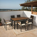 7 piece Outdoor Patio Wicker Dining Set Patio Wicker Furniture Dining Set w/Acacia Wood Top Brown Wicker + Cream Cushion