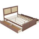 Queen Size Wood Storage Platform Bed with 4 Drawers, Rattan Headboard, Espresso