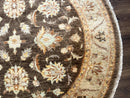 Round Pakistani Rug 6x6, Brown and Beige, Floral, Peshawar Rug, Traditional