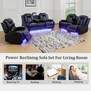 Power Reclining Leather Sofa Set With USB Ports Black
