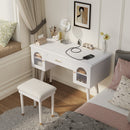 Elegant Vanity Makeup Table & Chair Set, Modern Dressing Table with Organizer, Writing Desk, Charging Port, White, Engineered Wood
