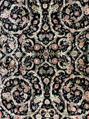 Black Pak Persian Rug 8x11, Floral Pattern, Hand Knotted Vintage Wool Rug with Silk Highlights, Fine 200 KPSI