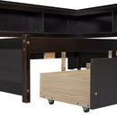 Full Size L-shaped Bookcases Bed with Power Outlets, USB Charging Ports,Two Drawers,Espresso