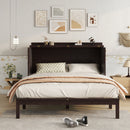 Queen Size Murphy Bed, Pine Wood Cabinet Bed with Power Station and Rattan Decoration Panel,Espresso