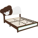 Full Size Upholstered Platform Bed with Bear Shaped Headboard, LED Light Strips, White + Brown