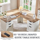 60 Inch Farmhouse L Shaped Desk Antique White With Drawers
