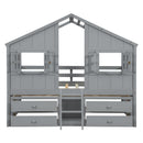 Full Size House Loft Bed with Roof, Windows,4 Storage Drawers,Pine Wooden Bed with Safety Guardrails,Ladder,Grey
