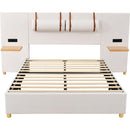 Full Size Upholstered Platform Bed, Two Outlets and USB Charging Ports on Both Sides, Two Bedside Pillows, Storage Shelves,Velvet,Beige