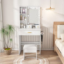 Vanity Table With Mirror, Adjustable LED Lights, Power Outlet, Hairdryer Holder & Stool