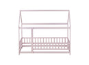 Twin Size House Floor Wooden Bed with Roof Frame,Safety Guardrails,Pink