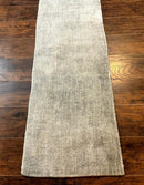 Modern Tibetan Runner Rug 1.9 x 8.6, Wool and Silk Highlights, Gray/Silver, Narrow Runner for Hallway or Kitchen