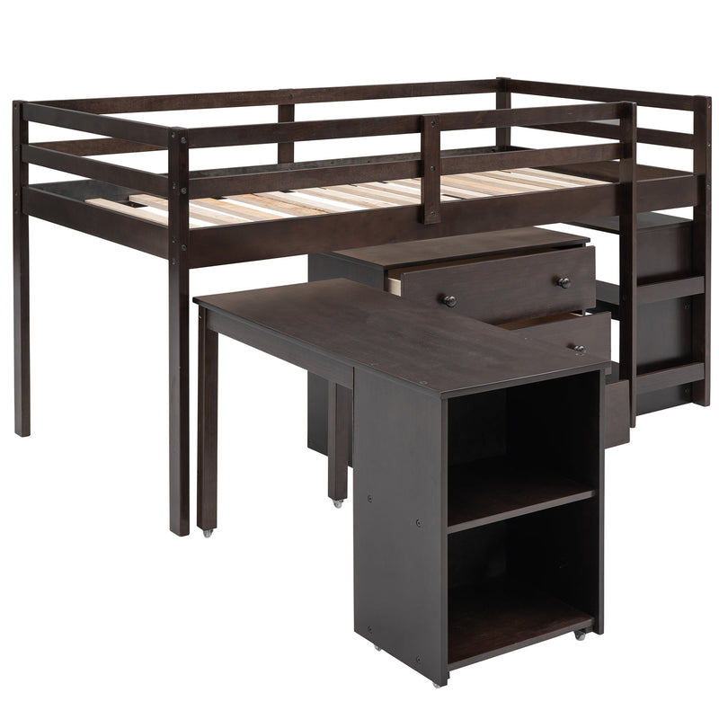 Low Study Twin Loft Bed with Cabinet and Rolling Portable Desk - Espresso