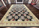 9x12 Black Needlepoint Rug, European Floral Panel Design, Handwoven, Vintage Chinese Needlepoint, Black Green Beige, Wool Rug 9 x 12