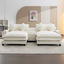 Chenille Upholstered Sectional Sofa with Removable Ottoman, USB Ports, Cup Holders, and Storage, Beige, 111'