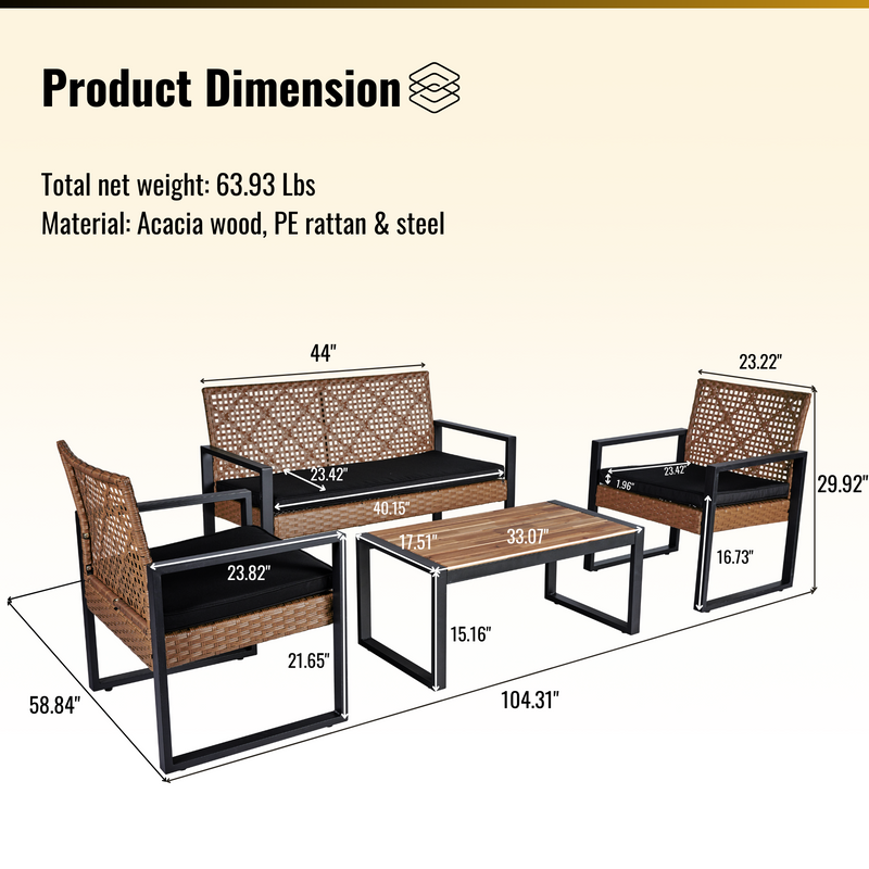 Walker Edison - 4-Piece Patio Furniture Set Outdoor Balcony Porch Garden Backyard Lawn Furniture Acacia Wood Table Top, Modern Black and Light Brown