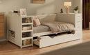 White Wooden Twin Size Daybed with Side Shelves & Drawers, Multi-Functional Desk & Charging Station