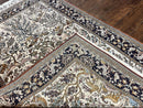 Persian Qum Tree of Life Rug 5x7, Wool and Silk Highlights, Animal Motifs, Vintage Hand Knotted Handmade Cream & Black Fine Oriental Carpet
