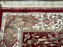 Turkish Silk Hunting Scene Rug 5 x 7.6, Red & Ivory, Bamboo Silk, New