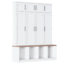 [Assembly Video Provided] Farmhouse Hall Tree with 4 Hidden Hanging Hooks, Versatile Walnut Seating Bench with 8 Doors, Entryway Shoe Cabinet with Open Compartments for Living Room, White