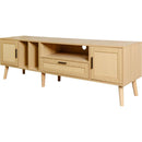 Rattan TV Stand with 2 Cabinets & 2 Open Shelves, Rattan-inspired Media Console Table for TVs up to 80", Entertainment Center with Solid Wood Legs, TV cabinet for Living room, Bedroom, Home Theatre