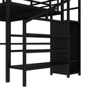 Queen Size Loft Bed with L-shaped Desk and USB, Metal Loft Bed with Wardrobe and Adjustable Shelf, High Loft Bed with LED for Kids Teens Adults, Black