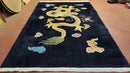 Rare Antique Chinese Art Deco Rug 6x9 with Dragon, Black Chinese Carpet 6 x 9, Hand Knotted Wool Area Rug