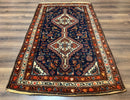 Antique Persian Hamadan Rug 4x6, Geometric, Double Medallions, Navy Blue, Tribal Carpet