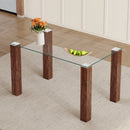 Transparent Tempered Glass Dining Table with Walnut MDF Wood Grain Legs, 49.6x30 Inch