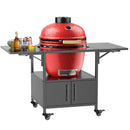 Outdoor Grill Table for Big Green Egg Style BBQ, Metal Grill Cart with 2 Folding Panels, Black Metal, 59.3 x 27.6 x 31 Inches