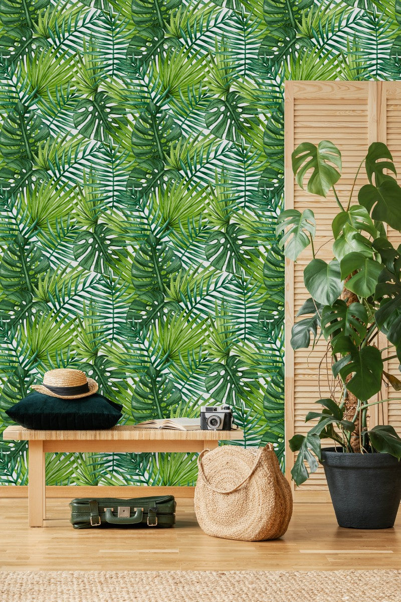 Modish Tropical Green Leaves Wallpaper