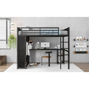Full XL Size Loft Bed Frame with Built-in Wardrobe, Metal Loft Bed with Desk and Storage Shelves, Black