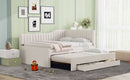 Full Size Upholstered Daybed with Trundle and Three Drawers, Beige