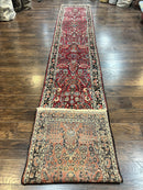 Antique Persian Runner Rug 2.9 x 17, Rare Sarouk Runner, Handmade Wool Rug for Hallway, Red, Floral