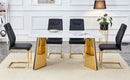 Table and chair set.63'x31.5x30' Luxurious Snow Mountain Patterned Sintered Stone Table with Golden Stainless Steel Butterfly Legs.Paried With 4 Black High-quality PU Chairs With Arched Metal Legs.