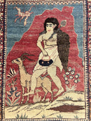 Antique Persian Kirman Rug 2 x 2.5, Small Hand Knotted Wool Carpet, Lavar Rug, Shepherd with Ram Pictorial Rug