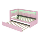 Upholstered Twin Size Platform Bed with USB Ports and LED Belt, With Trundle, Pink