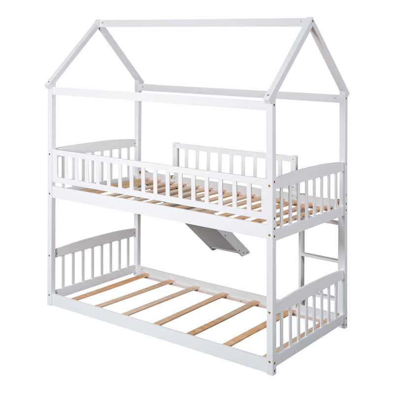 Twin Over Twin Bunk Bed with Slide, House Bed with Slide, White