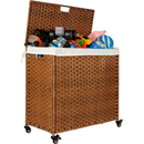 Laundry Hamper With Lid PE Rattan Powder Coating Frame Clothes Hampers with 02 Removable Bags, Wheels, 160L, Brown Color