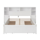 White Wooden Storage Bed with Tall Extended Bookcase Headboard, 6 Drawers and Charging Station for Teens Adults, No Box Spring Needed,Full