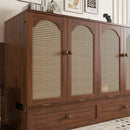 Queen Size Murphy Bed, Pine Wood Cabinet Bed with Power Station and Rattan Decoration Panel,Walnut