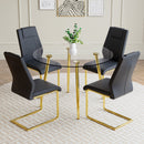 A modern minimalist style round transparent tempered glass table with gold metal legs, paired with 4 modern PU leather high-back dining chairs, bring a luxurious experience.