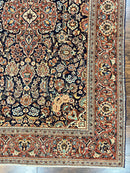 Persian Kashan Rug 4x7, Floral Medallion Vintage Handmade Hand Knotted Navy Blue & Red Wool Oriental Carpet, Highly Detailed Semi Antique Rug