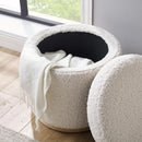 Cream Sherpa Deluxe Storage Ottoman Solidwood Base