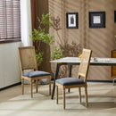 Vintage Inspired French Country Dining Chairs Set of 2 with Cane Backrest & Upholstered Seats in Rustic Weathered Finish