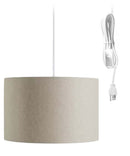 1 Light Swag Plug-In Pendant 16"w Light Oatmeal Linen Drum Shade, 17' White Cord